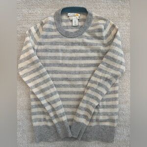 C&C California Women's Gray and Cream Striped Cashmere Crewneck Sweater